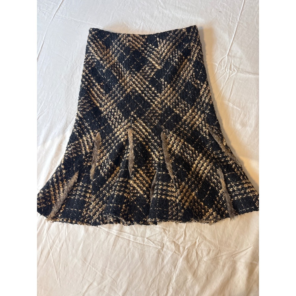 An Ren New York Tweed Skirt Womens S Black Gold Good Wool Blend Fur Trim Plaid